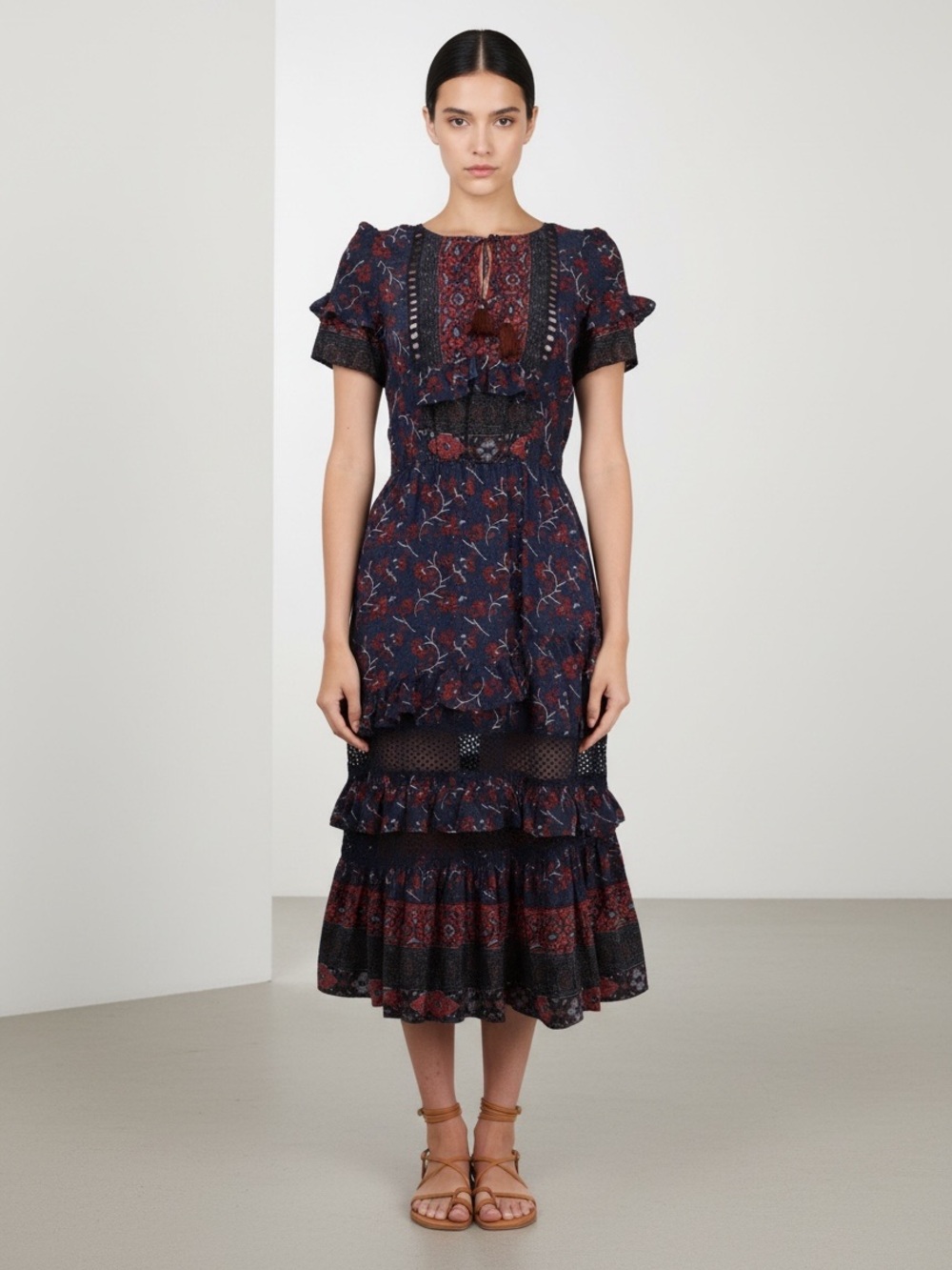 Sea NY TUCKERNUCK Navy Blue Red Floral Ruffle Tiered Midi Silk Dress Sz 4 Boho